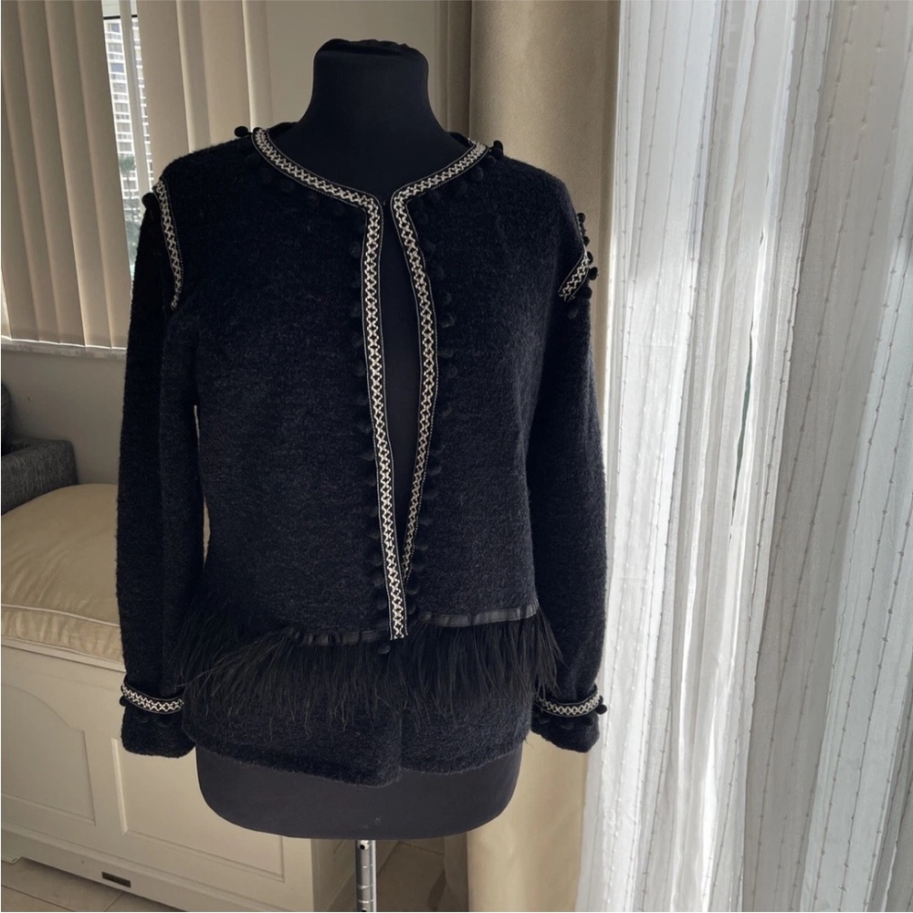 Neiman Marcus Womens cardigan Gray Cashmere Collection Feather Trim Jacket
